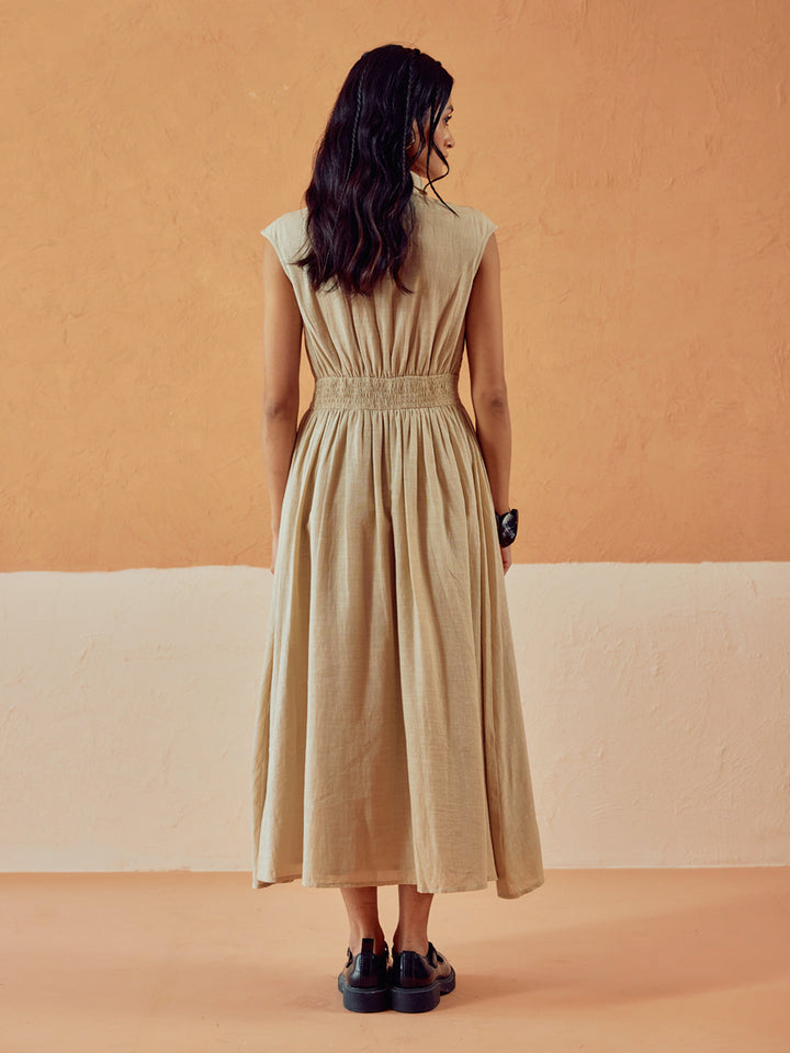 Beige Solid Linen Midi Dress