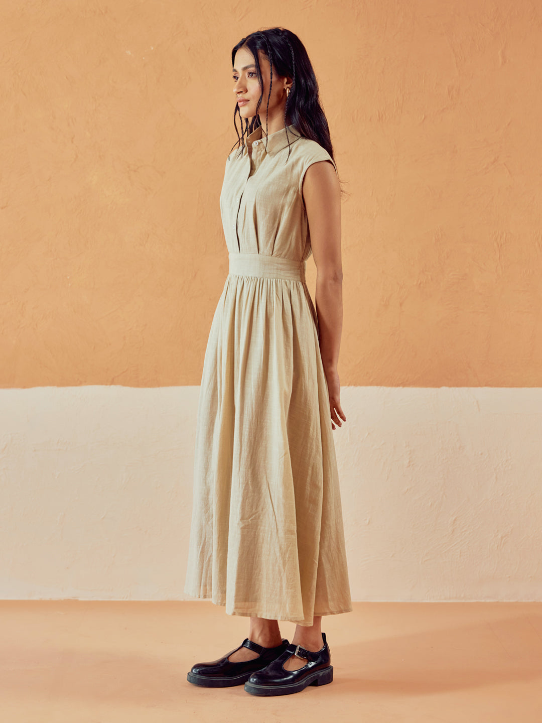Beige Solid Linen Midi Dress