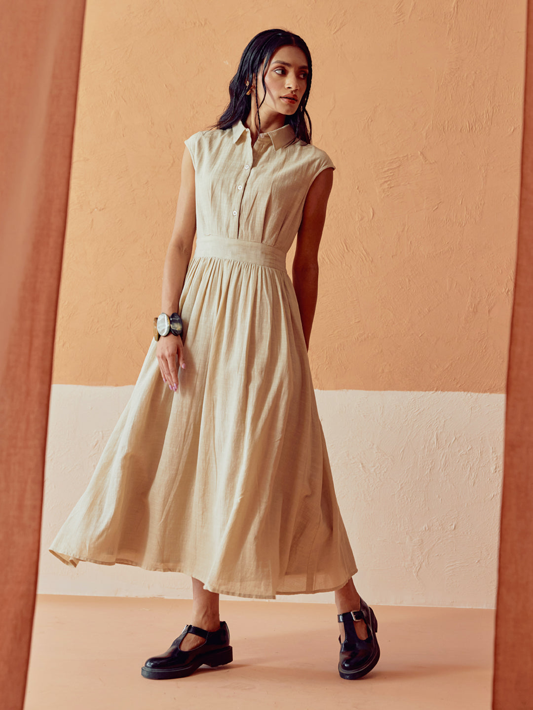 Beige Solid Linen Midi Dress