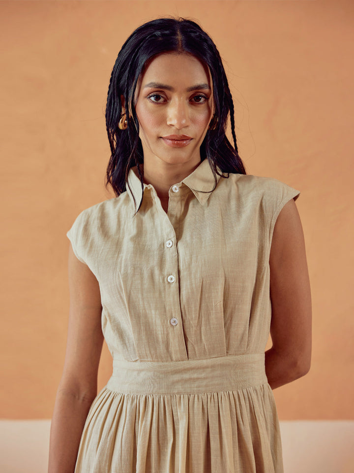 Beige Solid Linen Midi Dress