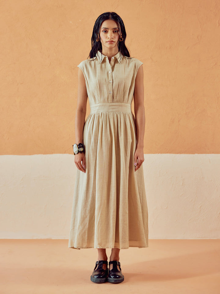 Beige Solid Linen Midi Dress