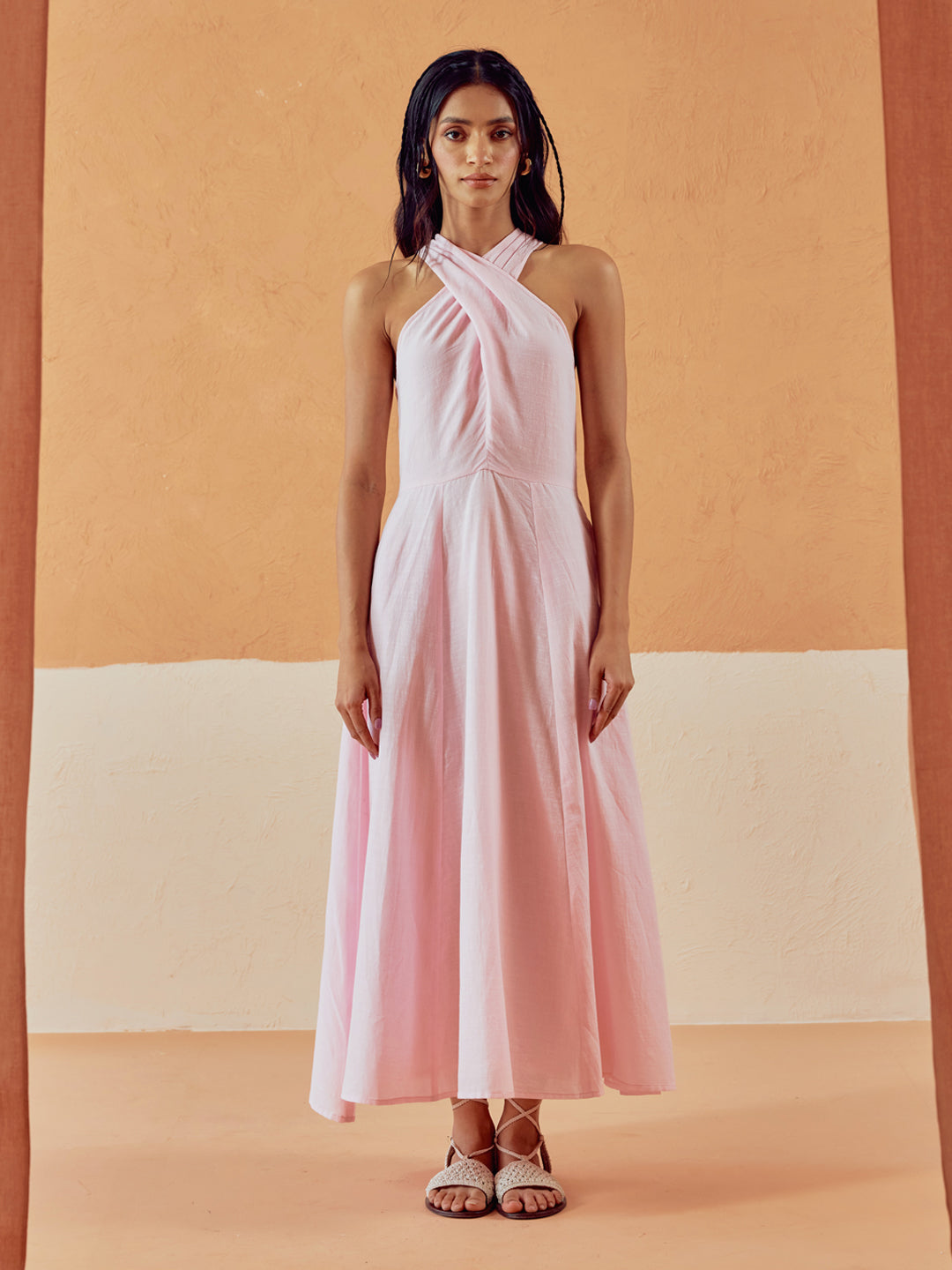 Light Pink Solid Linen Maxi Dress