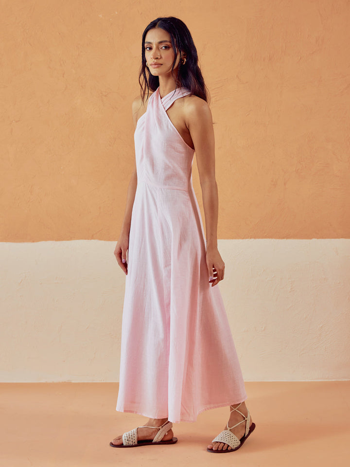 Light Pink Solid Linen Maxi Dress