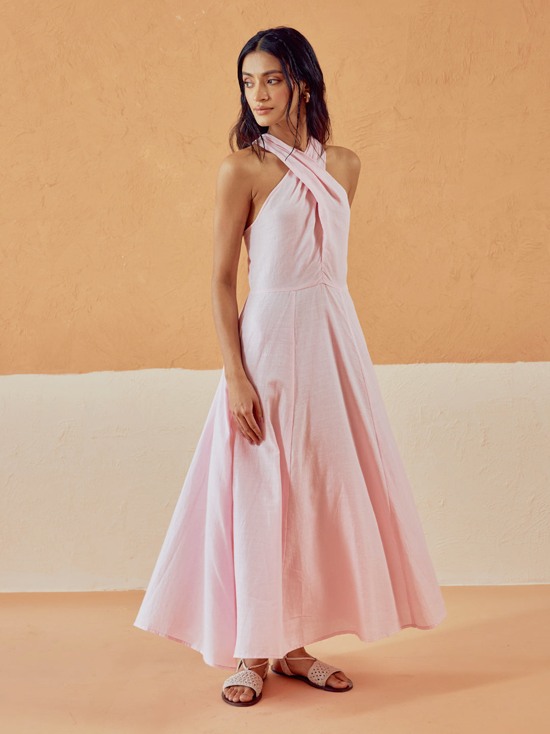 Light Pink Solid Linen Maxi Dress