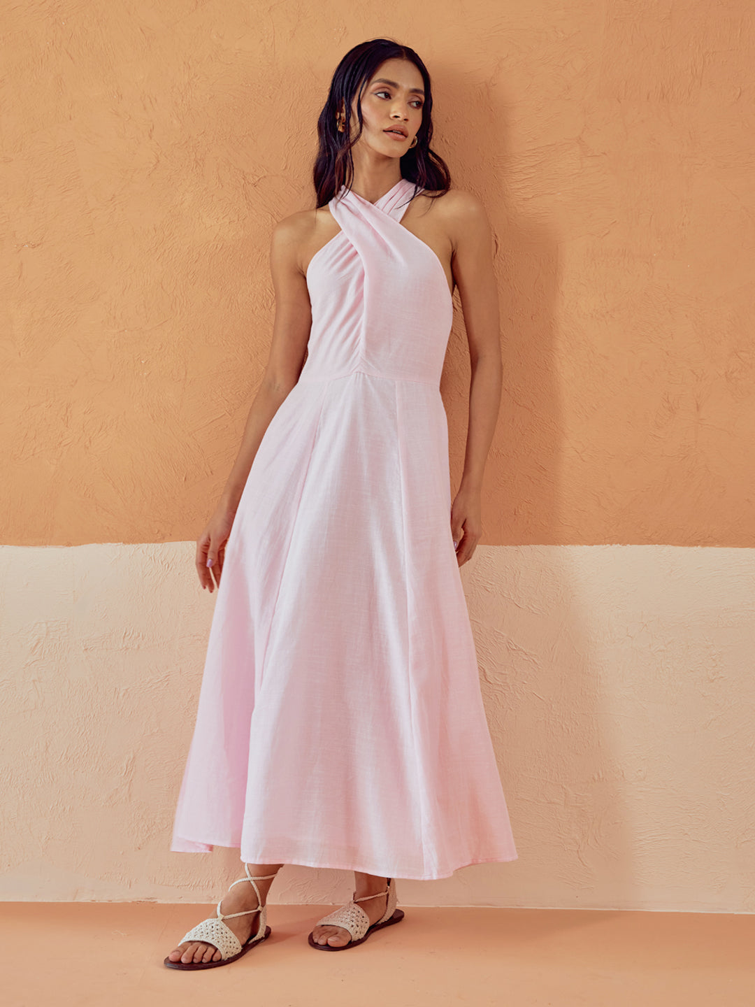 Light Pink Solid Linen Maxi Dress