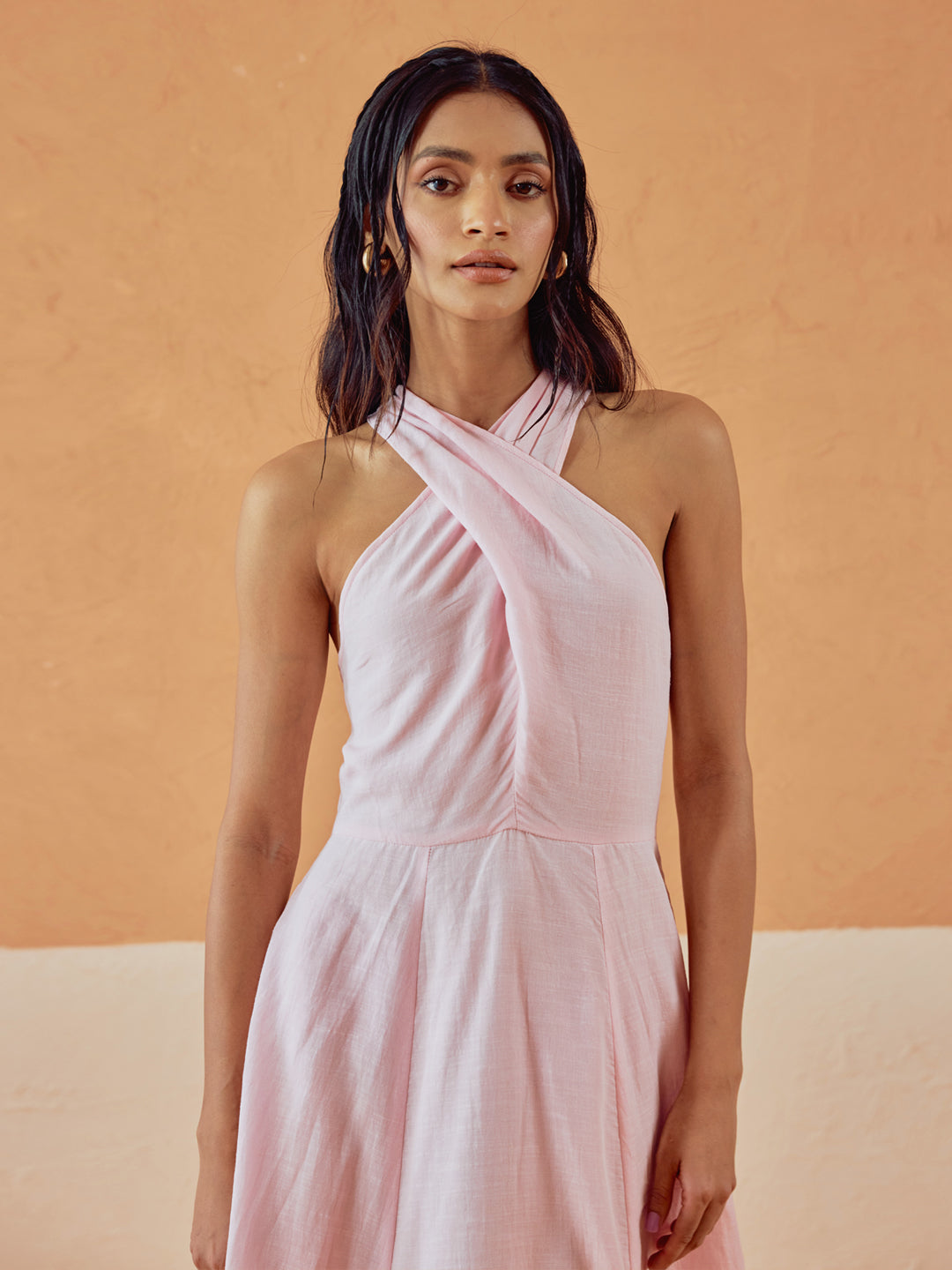 Light Pink Solid Linen Maxi Dress