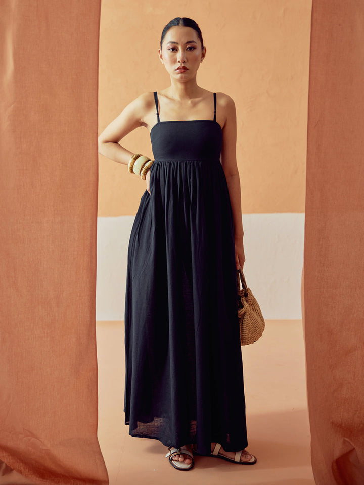 Black Solid Linen Maxi Dress