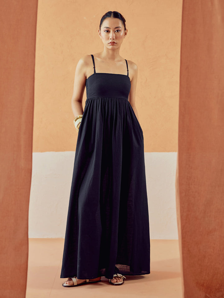 Black Solid Linen Maxi Dress