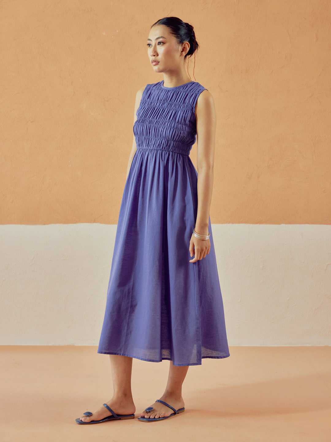 Lavender Solid Linen Midi Dress