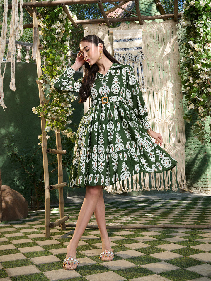 Green Ikat Printed Cotton Flared Dress