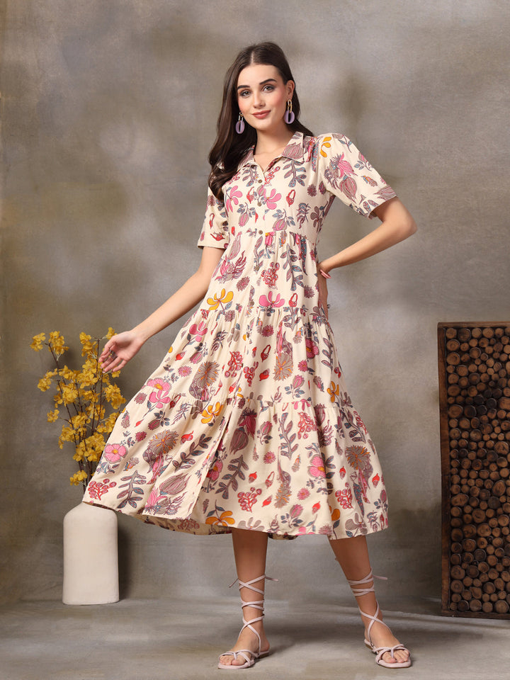 Beige-Rayon-Tropical-Printed-Tiered-Midi-Dress