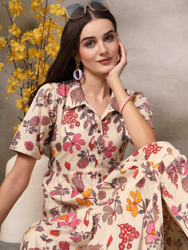 Beige-Rayon-Tropical-Printed-Tiered-Midi-Dress