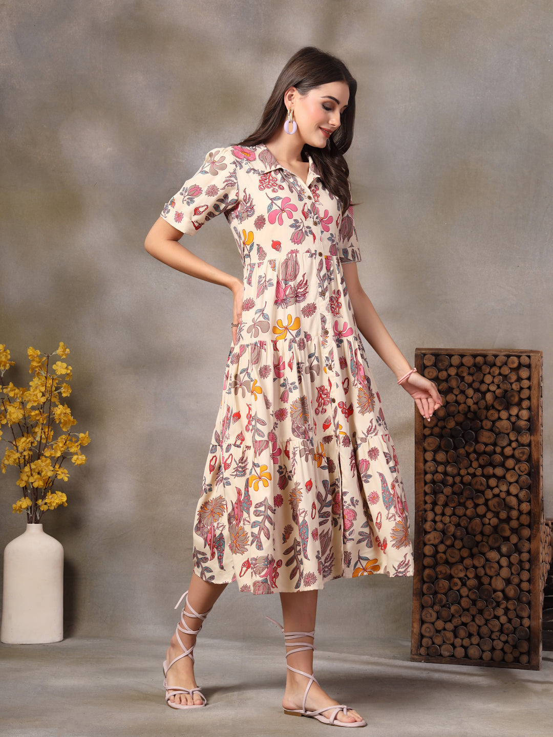 Beige-Rayon-Tropical-Printed-Tiered-Midi-Dress