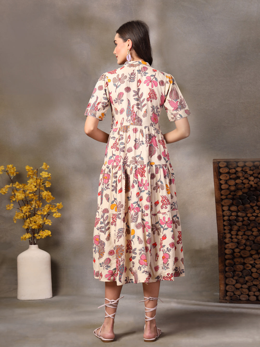 Beige-Rayon-Tropical-Printed-Tiered-Midi-Dress