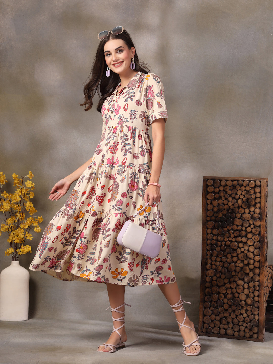 Beige-Rayon-Tropical-Printed-Tiered-Midi-Dress