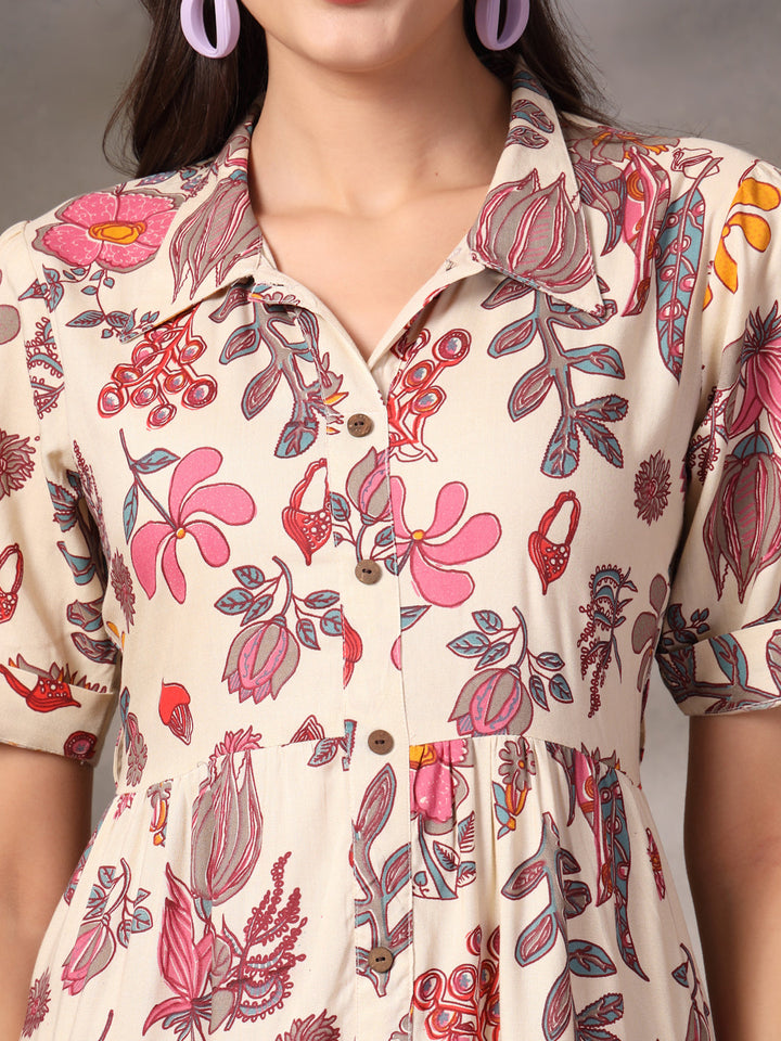 Beige-Rayon-Tropical-Printed-Tiered-Midi-Dress