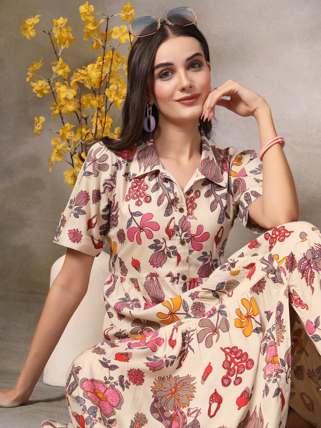 Beige-Rayon-Tropical-Printed-Tiered-Midi-Dress