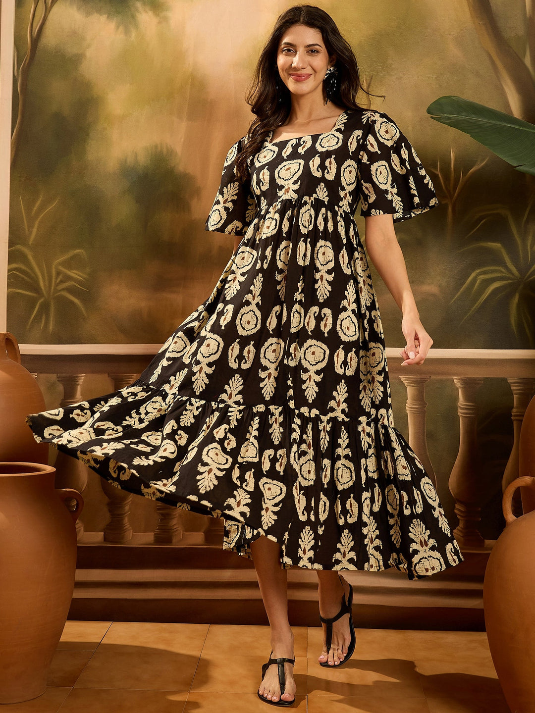 Black Paisley Printed Cotton Tiered Dress