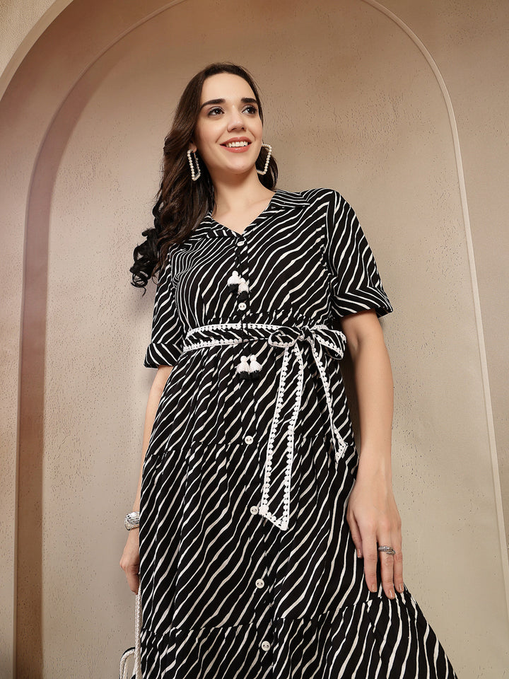 Black Leheriya Printed Cotton Tiered Dress