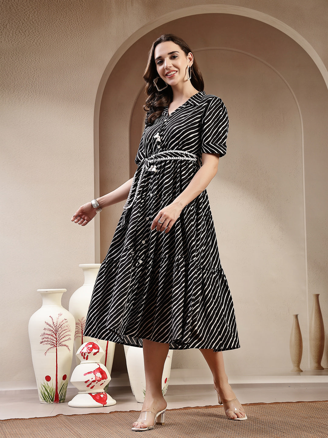 Black Leheriya Printed Cotton Tiered Dress