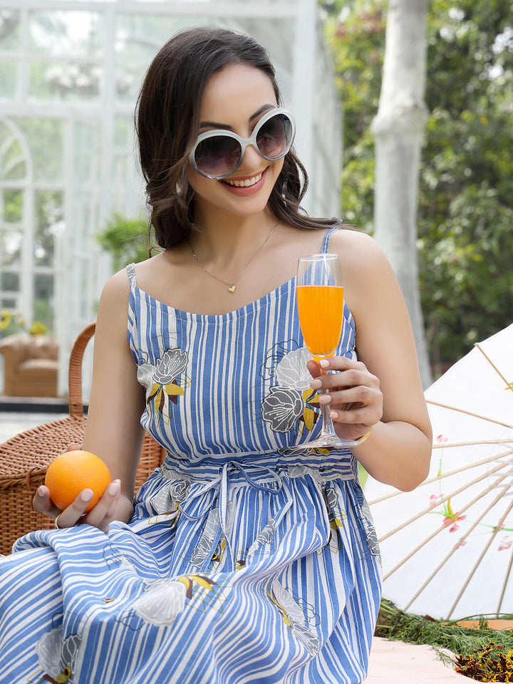 Blue Striped & Floral Printed Cotton Dress