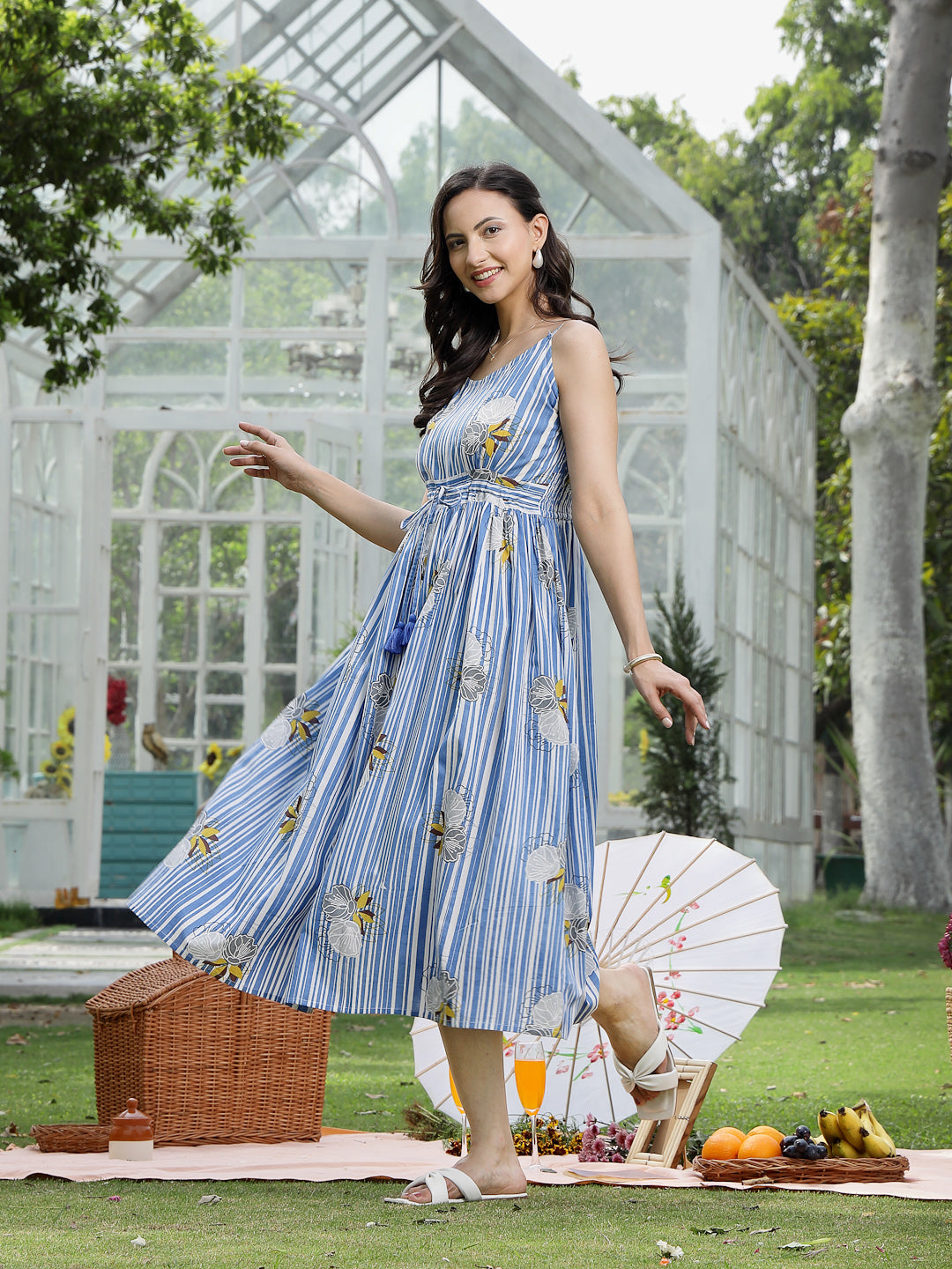 Blue Striped & Floral Printed Cotton Dress