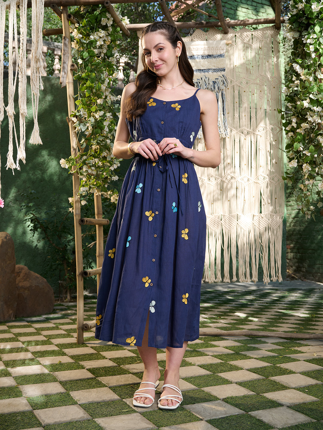 Blue-Cotton-Embroidered-Strappy-Flared-Maxi-Dress
