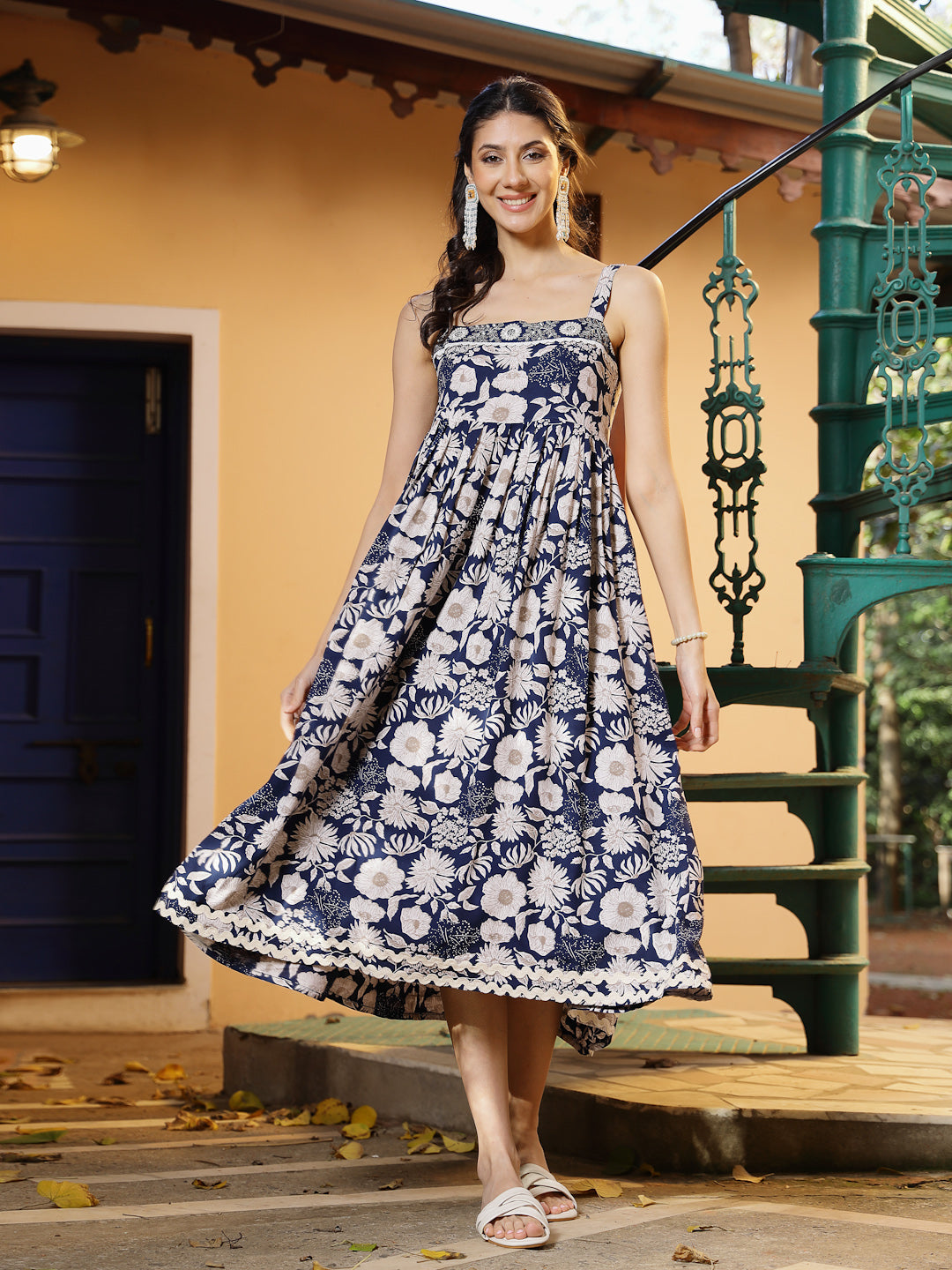 Blue-Rayon-Floral-Printed-Maxi-Dress