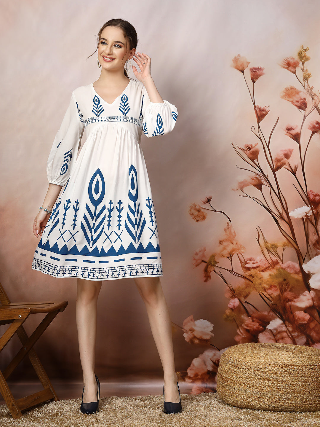 White-&-Blue-Rayon-Printed-Flared-Midi-dress