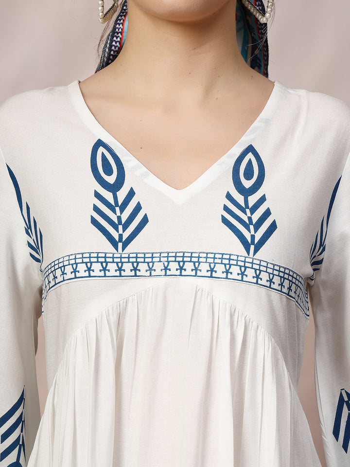 White-&-Blue-Rayon-Printed-Flared-Midi-dress