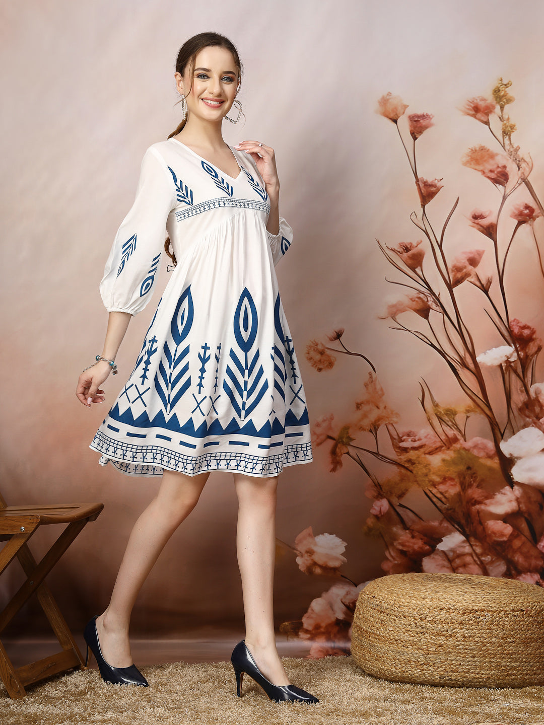 White-&-Blue-Rayon-Printed-Flared-Midi-dress