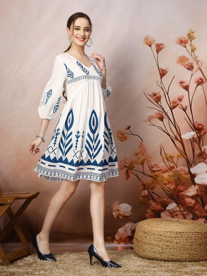 White-&-Blue-Rayon-Printed-Flared-Midi-dress