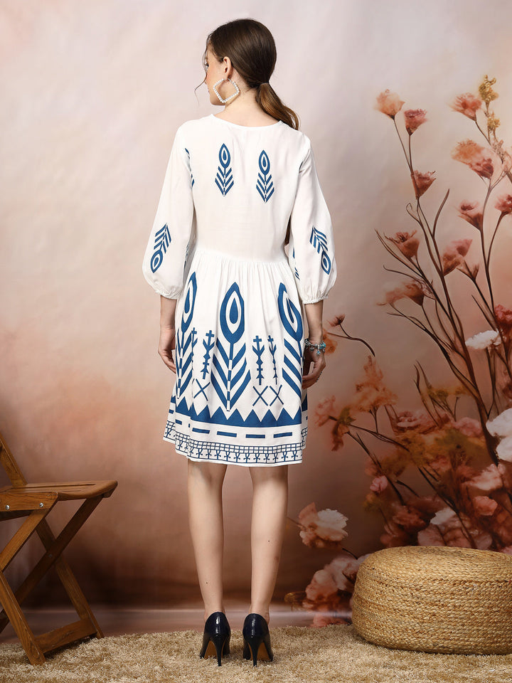 White-&-Blue-Rayon-Printed-Flared-Midi-dress