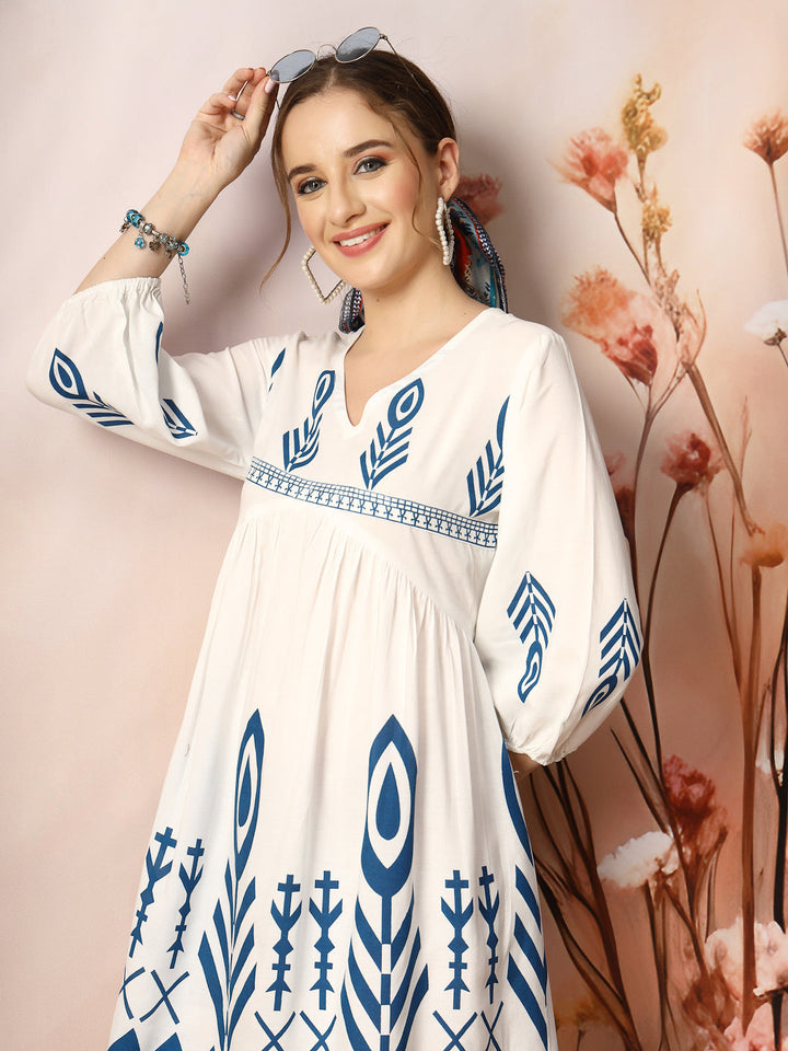White-&-Blue-Rayon-Printed-Flared-Midi-dress