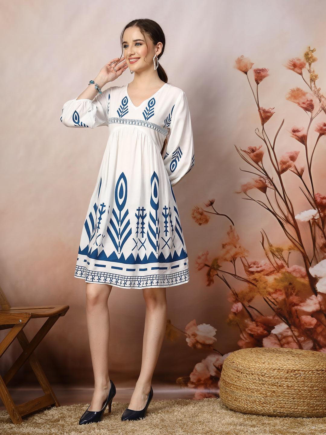 White-&-Blue-Rayon-Printed-Flared-Midi-dress