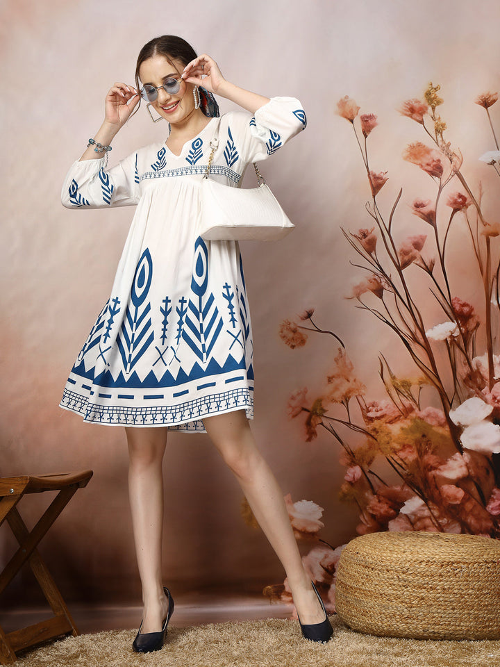 White-&-Blue-Rayon-Printed-Flared-Midi-dress