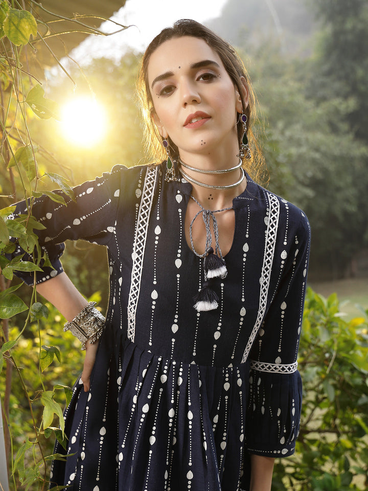 Blue-Cotton-Khadi-Printed-Flared-Midi-Dress