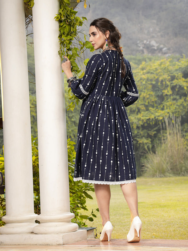 Blue-Cotton-Khadi-Printed-Flared-Midi-Dress