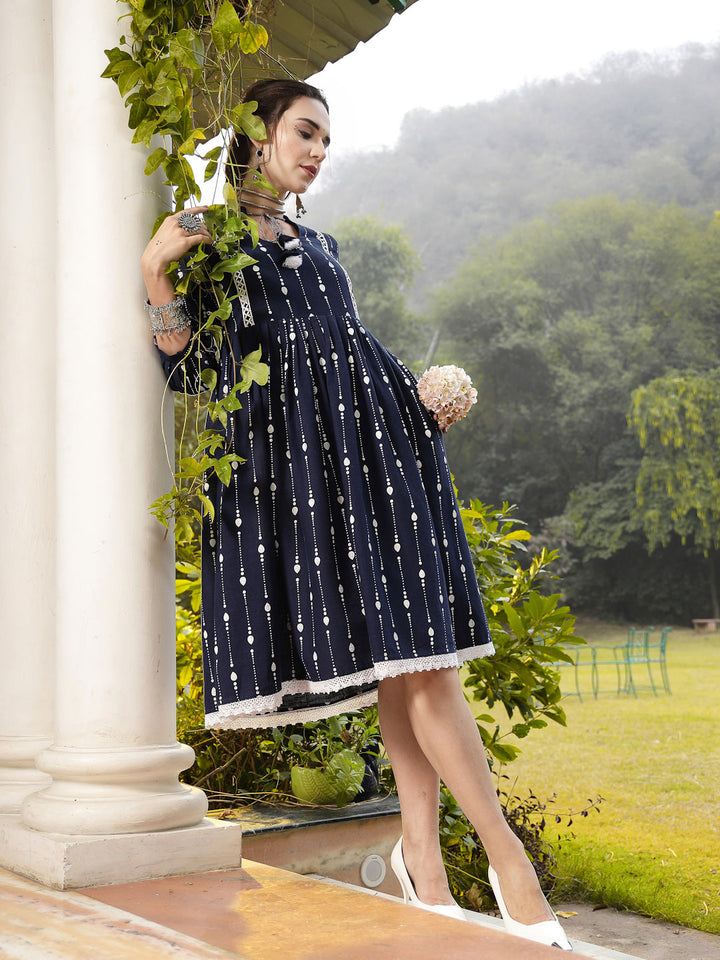 Blue-Cotton-Khadi-Printed-Flared-Midi-Dress