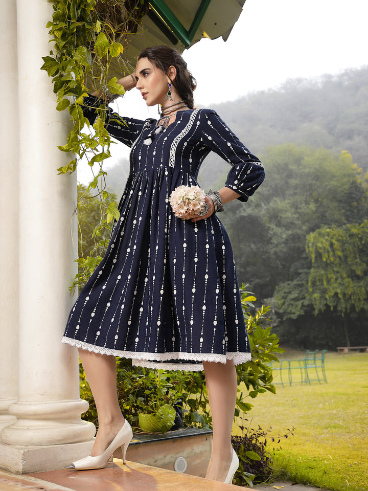 Blue-Cotton-Khadi-Printed-Flared-Midi-Dress