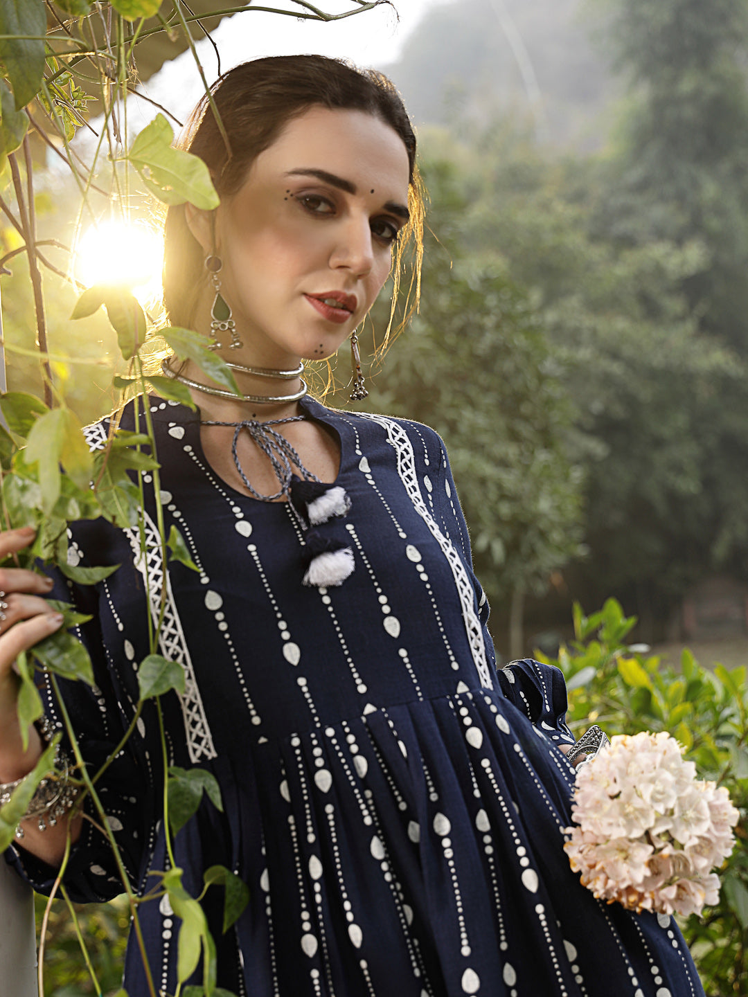 Blue-Cotton-Khadi-Printed-Flared-Midi-Dress