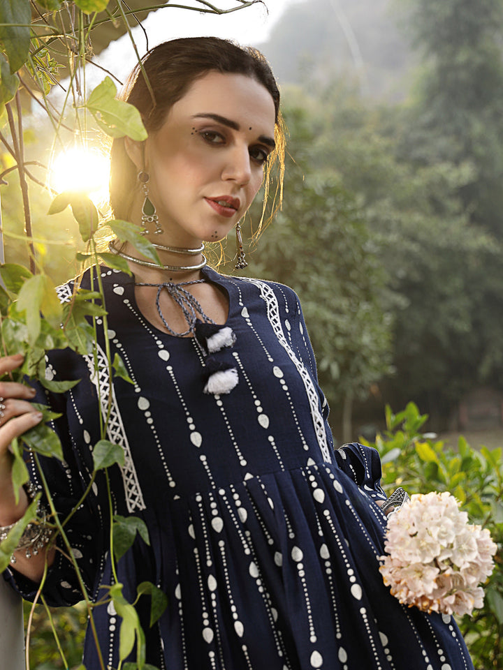 Blue-Cotton-Khadi-Printed-Flared-Midi-Dress