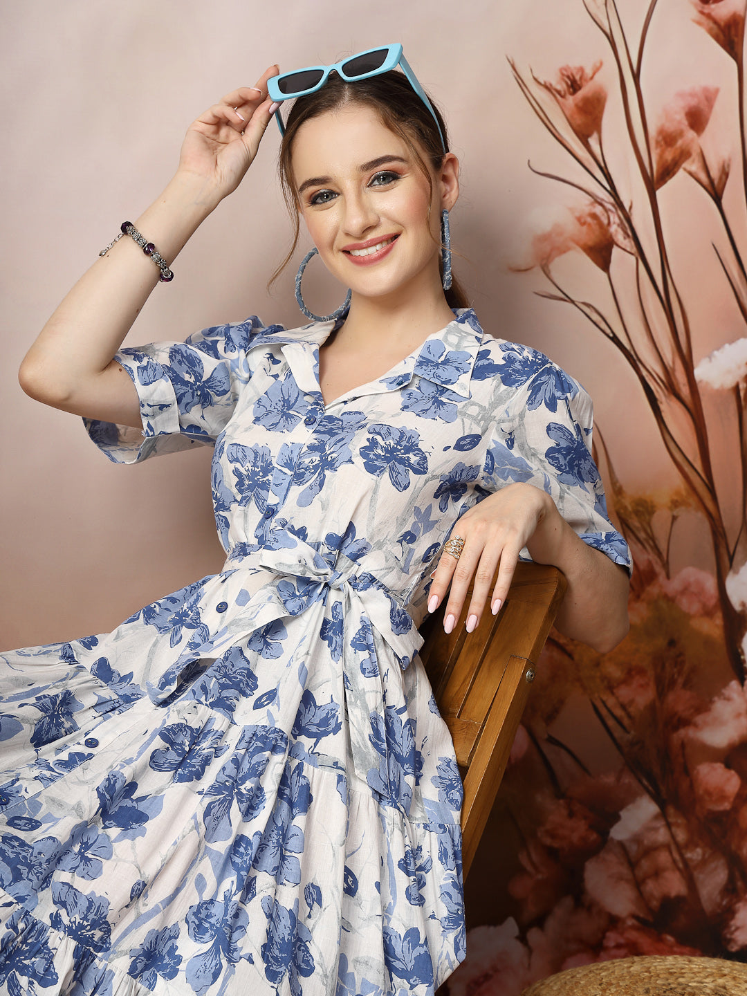 Blue-Cotton-Floral-Printed-Flared-Midi-Dress