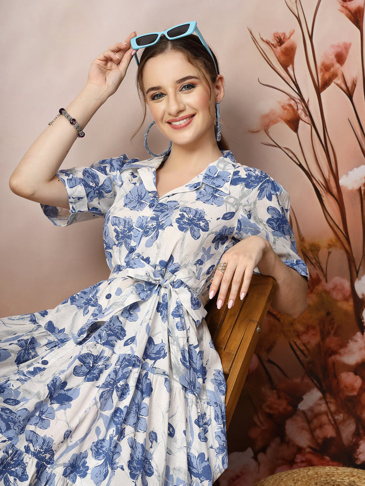 Blue-Cotton-Floral-Printed-Flared-Midi-Dress