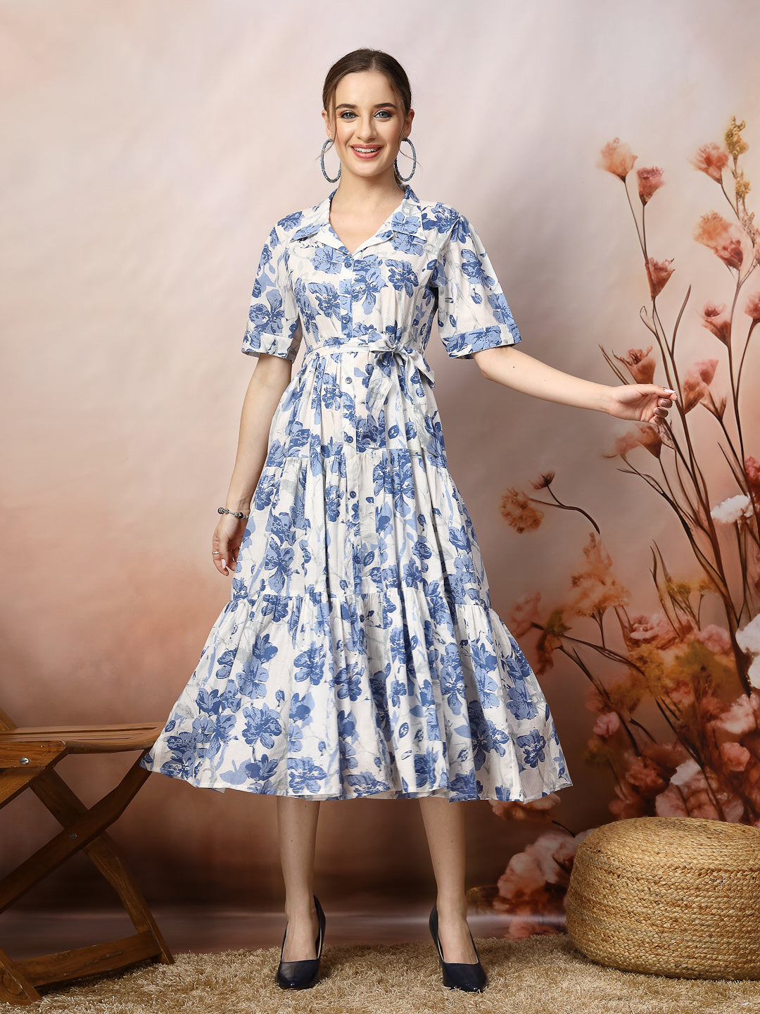 Blue-Cotton-Floral-Printed-Flared-Midi-Dress