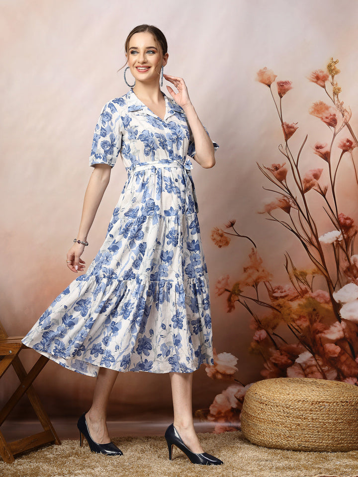 Blue-Cotton-Floral-Printed-Flared-Midi-Dress