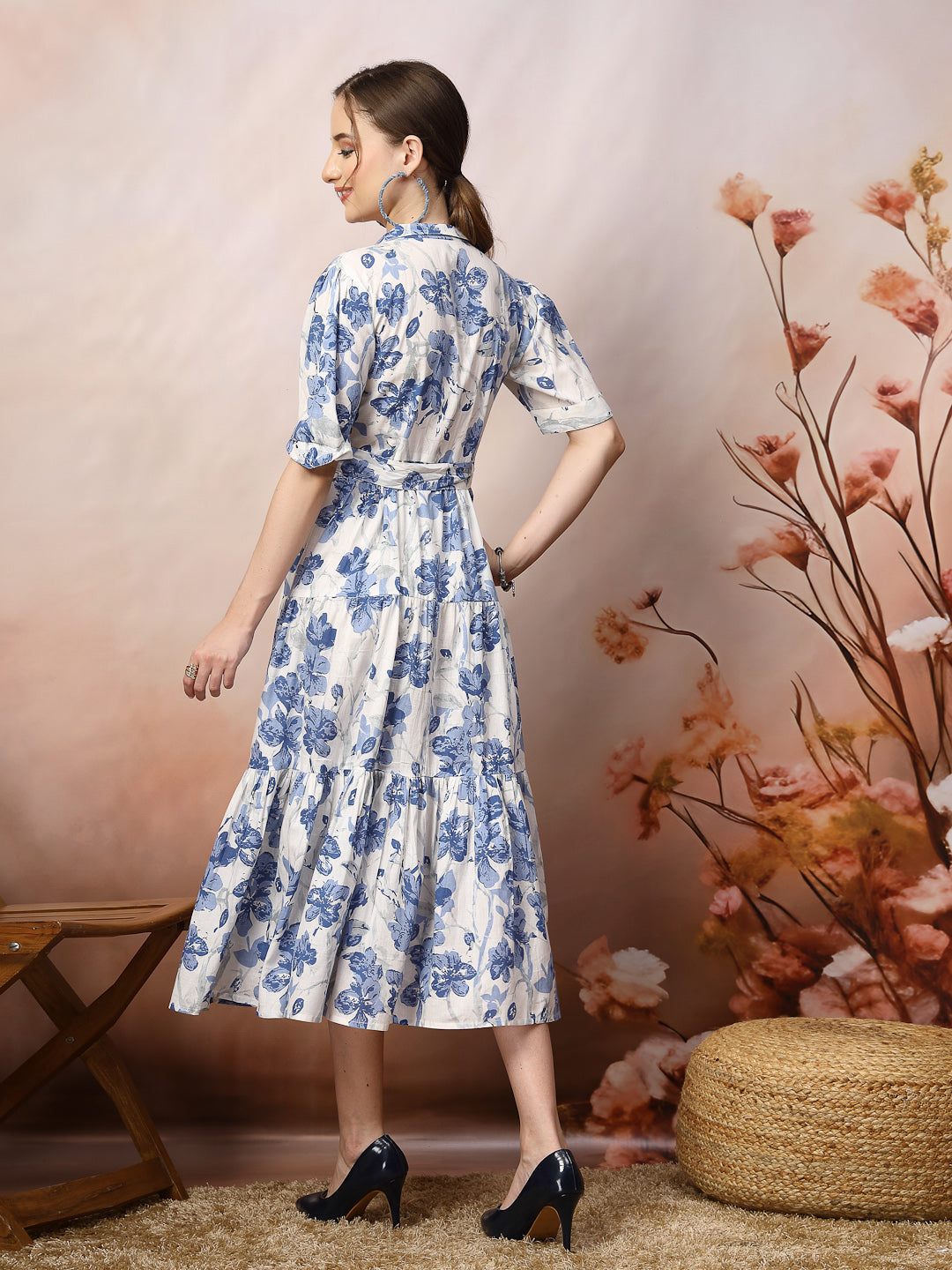 Blue-Cotton-Floral-Printed-Flared-Midi-Dress