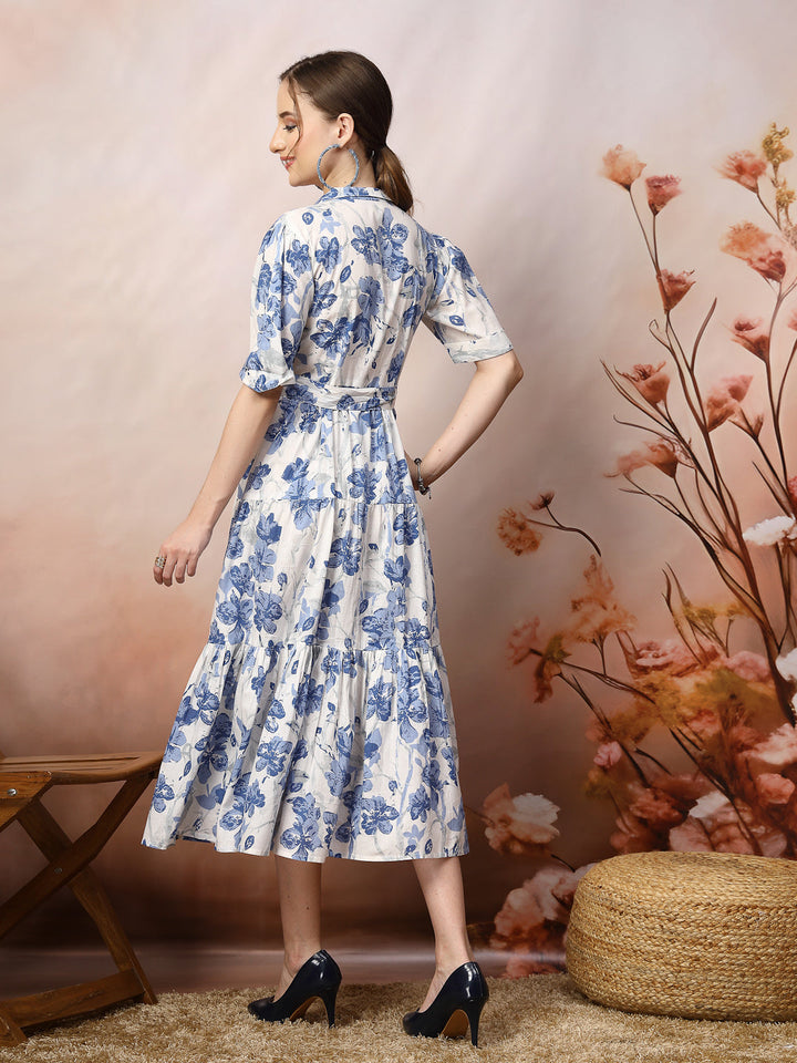 Blue-Cotton-Floral-Printed-Flared-Midi-Dress