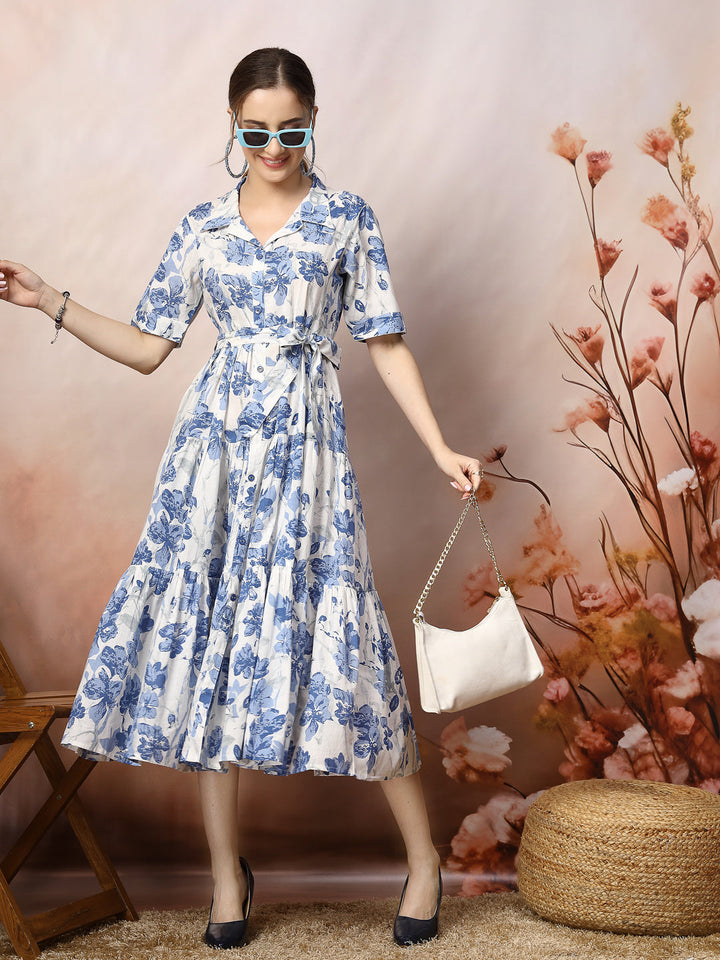 Blue-Cotton-Floral-Printed-Flared-Midi-Dress