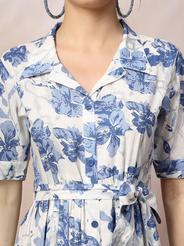 Blue-Cotton-Floral-Printed-Flared-Midi-Dress